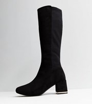 New Look Wide Fit Black Suedette Metal Block Heel Knee High Boots